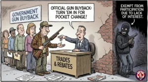 A political cartoon showing a line of law-abiding citizens, including a duck hunter, turning in their firearms at a government desk labeled "Official Gun Buyback" in exchange for pocket change. To the right, a masked criminal hides in a dark alley holding a handgun, laughing. An arrow pointing to the criminal reads: "Exempt from participation due to lack of interest.