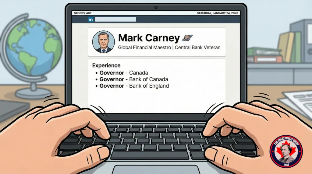"Political cartoon showing a laptop screen with a LinkedIn profile for Mark Carney. The 'Experience' section lists 'Governor - Bank of Canada' and 'Governor - Bank of England.' The user is updating the 'Current Role' to read 'Regional Governor - Canada Sector (US Subsidiary).'