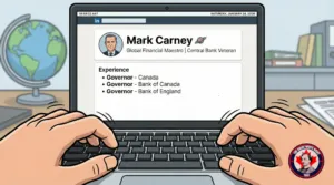 "Political cartoon showing a laptop screen with a LinkedIn profile for Mark Carney. The 'Experience' section lists 'Governor - Bank of Canada' and 'Governor - Bank of England.' The user is updating the 'Current Role' to read 'Regional Governor - Canada Sector (US Subsidiary).'
