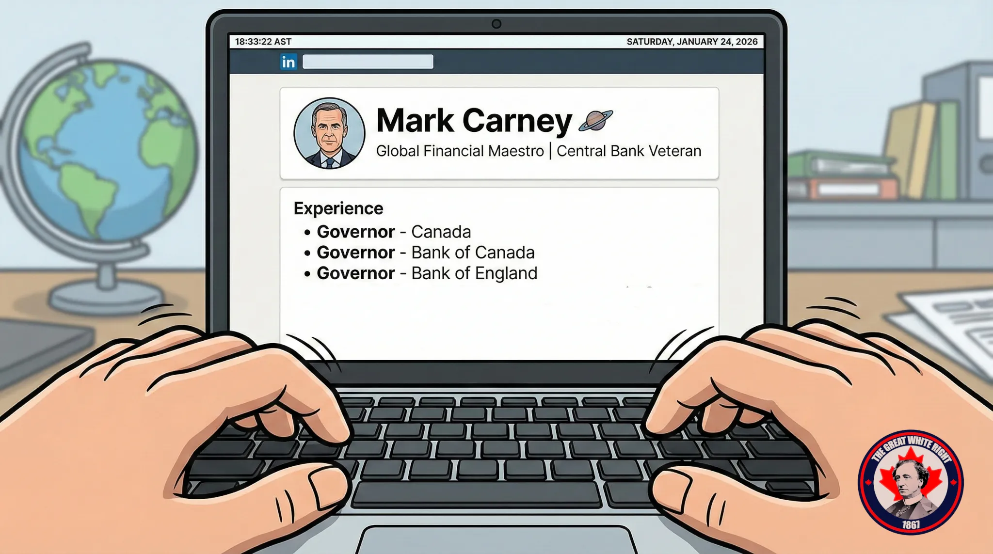 "Political cartoon showing a laptop screen with a LinkedIn profile for Mark Carney. The 'Experience' section lists 'Governor - Bank of Canada' and 'Governor - Bank of England.' The user is updating the 'Current Role' to read 'Regional Governor - Canada Sector (US Subsidiary).'