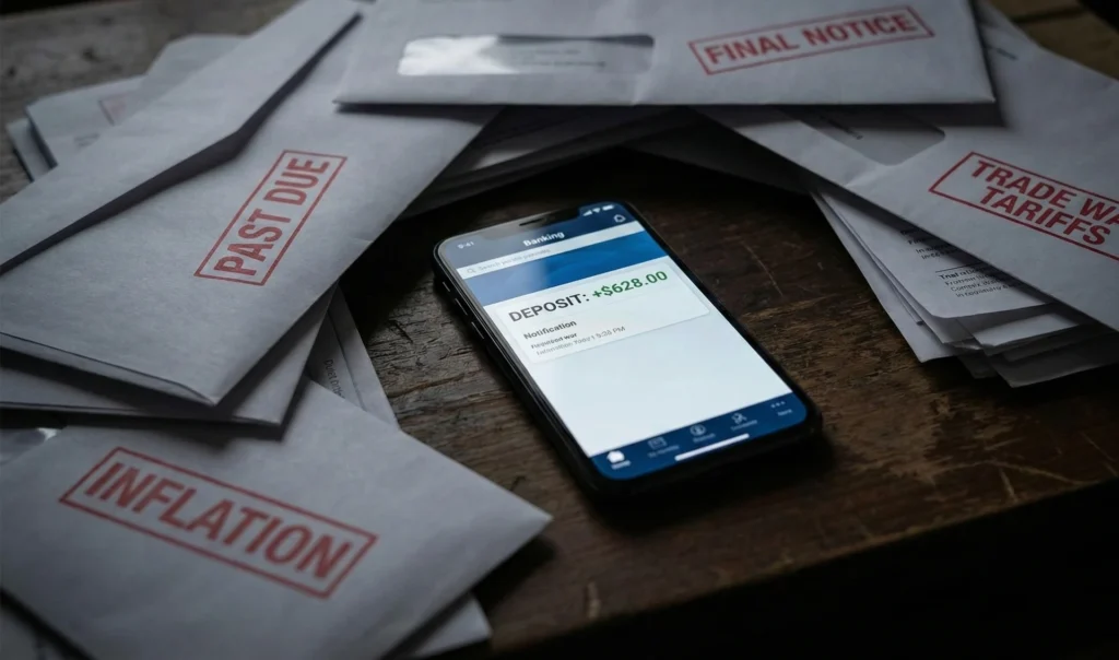 A hyper-realistic close-up of a smartphone screen showing a banking notification: "DEPOSIT: +$628.00". However, the phone is resting on a dark, wooden table covered in ominous, oversized "PAST DUE" and "FINAL NOTICE" bills stamped with "TRADE WAR TARIFFS" and "INFLATION". The bills are piling up and about to cover the phone. Dark, moody lighting, shallow depth of field focusing on the bright screen.